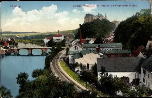 Ak Leisnig in Sachsen, Schloss Mildenstein, Tragnitz, Fischendorfer Brücke