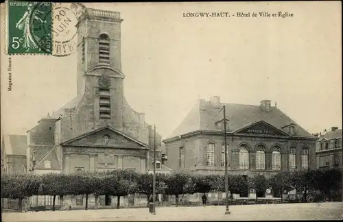 Ak Longwy Haut Meurthe et Moselle, Rathaus und Kirche