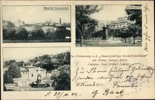 Ak Teplitz Schönau Ústecký kraj, Seumepark, Totalansicht, Schlossberg