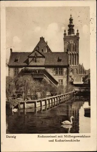 Ak Danzig, Radauneinsel mit Müllergewerkshaus, Kirche