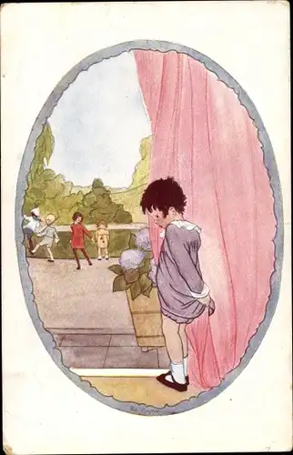 Künstler Ak Cramer, Rie, Verlegen, Kind in einer Ecke stehend, andere Kinder spielen