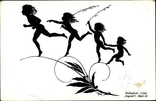 Scherenschnitt Künstler Ak Diefenbach, Göttliche Jugend I. Blatt 10, Kinder