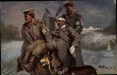 Künstler Ak Sailer, Verwundeter wird von Sanitätern abtransportiert, Sanitätshund, I. WK