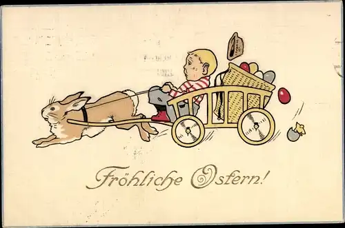 Ak Glückwunsch Ostern, Kind, Osterhase, Wagen, Ostereier