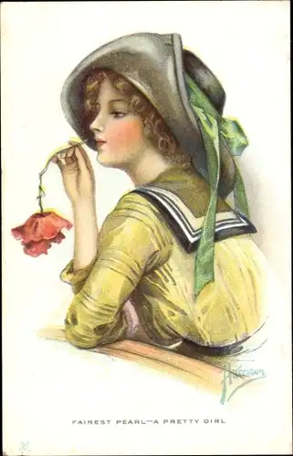 Künstler Ak Portrait einer Frau mit Hut, Blume