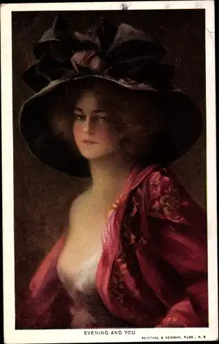 Ak Gemaltes Portrait einer Frau, Hut mit Schleife