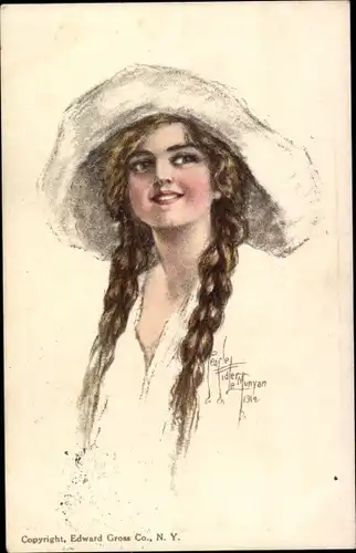 Künstler Ak Gemaltes Portrait einer Frau, Hut, Zöpfe