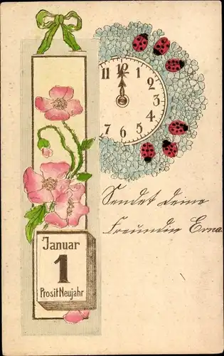 Präge Litho Glückwunsch Neujahr, Uhr, Kalender, Blumen, Vergissmeinnicht, Marienkäfer