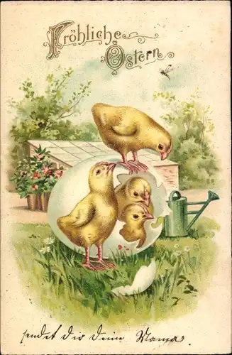 Präge Litho Glückwunsch Ostern, Küken, Ei, Gießkanne