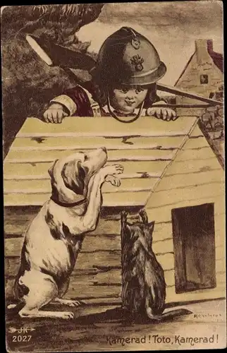 Künstler Ak Junge in Uniform, Hund und Katze, Hundehütte, Kamerad, Toto, Kamerad