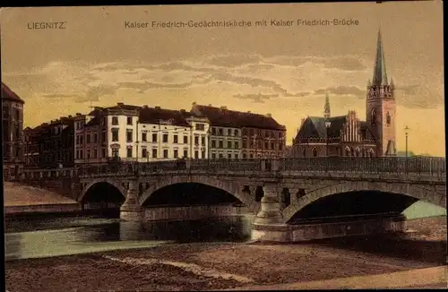 Ak Legnica Liegnitz Schlesien, Kaiser Friedrich Gedächtniskirche und Brücke