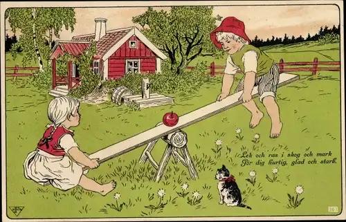 Künstler Litho Nyström, J., Kinder beim Wippen, Katze, Apfel