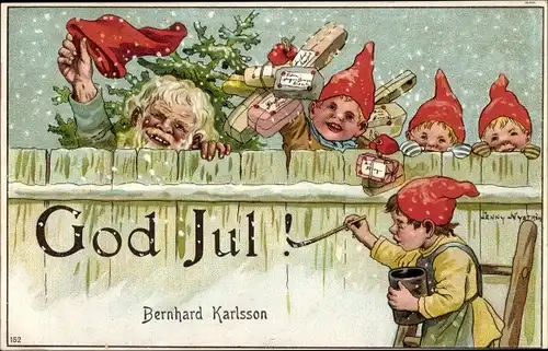 Künstler Ak Nyström, J., Glückwunsch Weihnachten, Zwerge, Zaun, Geschenke
