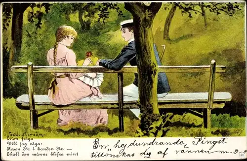 Künstler Litho Nyström, J., Liebespaar, Sitzbank, Geschenk, Blume