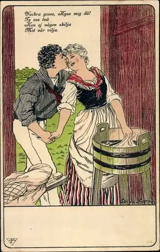 Künstler Litho Nyström, J., Liebespaar, Frau macht Wäsche
