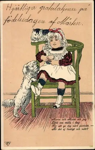 Litho Mädchen, Hund, Katze, Stuhl, Kind-Portrait