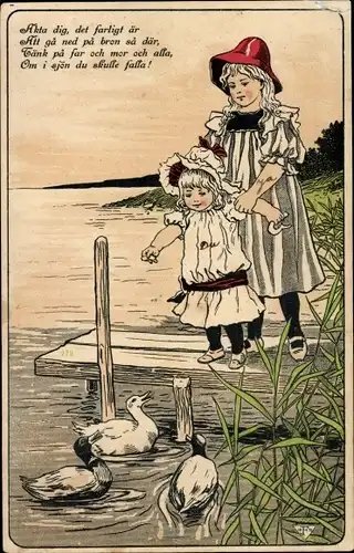 Künstler Litho Nyström, J., Kinder, Teich, Enten