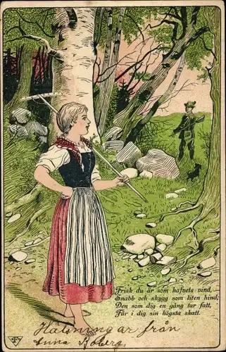 Litho Junge Frau in Tracht mit Harke, Jäger, Wald, Hund