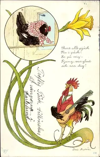 Künstler Litho Nyström, J., Vermenschlichte Hühner, Gitarre, Liebe