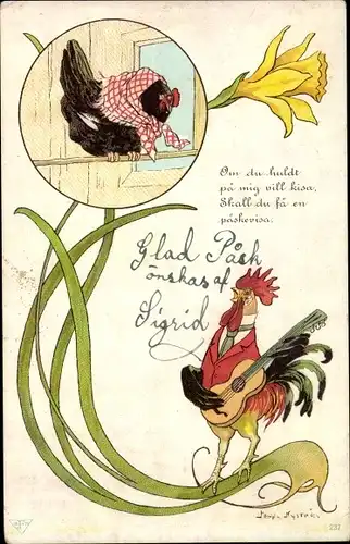 Künstler Litho Nyström, J., Vermenschlichte Hühner, Gitarre, Liebe