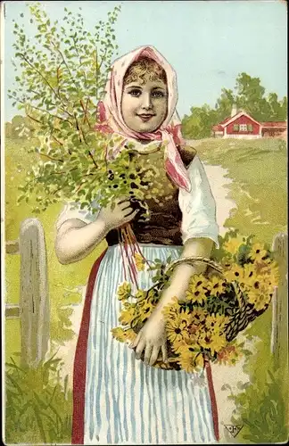 Litho Junge Frau in Trachten, Blumenkorb, Zweige