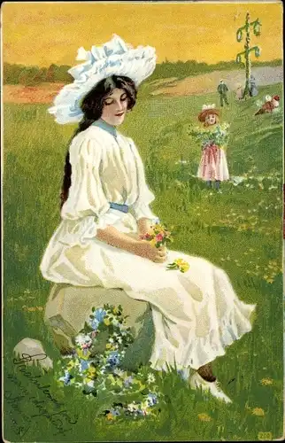 Litho Frau und ihre Schwester auf der Blumenwiese