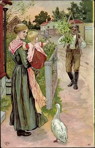 Litho Familienbild, Ehepaar, Kind, Bauer, Sense