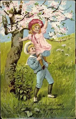 Litho Kinder, Blühender Baum, Wiese, Freundschaft