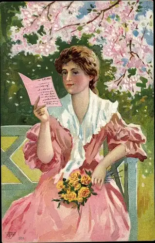 Litho Gemaltes Portrait einer Frau, Brief, Rosen, Blumenstrauß, Blühender Baum