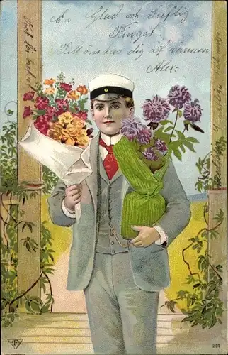 Litho Junge mit Geschenken, Blumenstrauß, Gemaltes Portrait, Gratulant