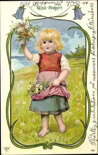 Passepartout Litho Glückwunsch Pfingsten, Mädchen mit Blumenstrauß, Wiese