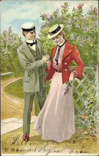 Litho Liebespaar im Garten, Blumen, Zaun, Liebe