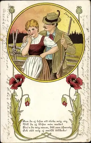 Künstler Litho Nyström, J., Liebespaar, Jäger, Gewehr, Blumen