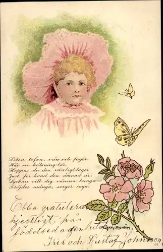 Künstler Litho Nyström, J., Gemaltes Mädchen-Portrait, Blume, Schmetterling