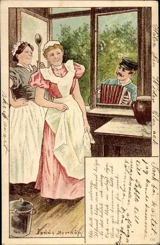 Künstler Litho Nyström, J., Mann spielt Akkordeon, Begeisterte Frauen, Köchin, Kochlöffel