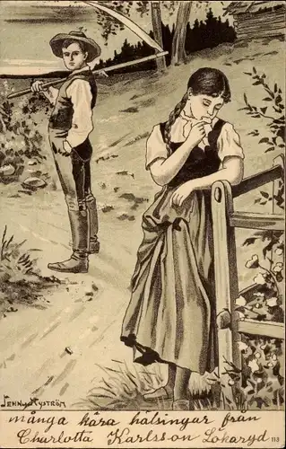 Künstler Litho Nyström, J., Traurige Frau, Bauer mit Sense, Zaun