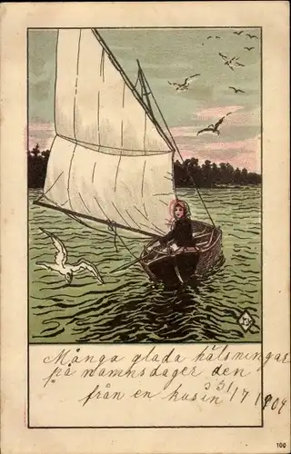 Künstler Litho Nyström, J., Frau beim Segeln, Möwen, Segelboot