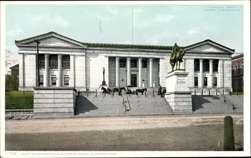 Ak Worcester Massachusetts USA, Gerichtsgebäude, Statue von General Devens