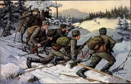 Künstler Ak Treiber, Hans, Kaiserlich-königliche Armee, Schneeschutztruppe, Alpenkorps, I WK