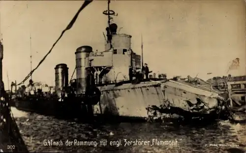 Ak Deutsches Kriegsschiff, G 41 nach der Rammung mit engl. Zerstörer Flammont