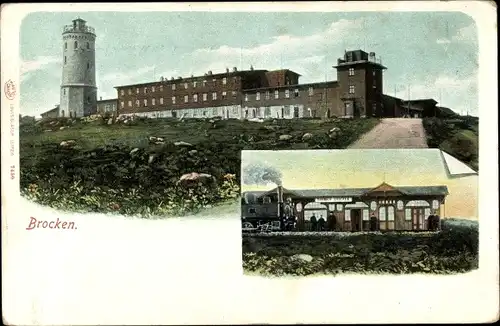 Ak Brocken Nationalpark Harz, Bahnhof der Brockenbahn, Dampflokomotive, Brockenhaus, Turm