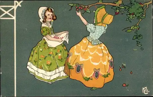 Künstler Ak Zwei Mädchen in bunten Kleidern pflücken Kirschen