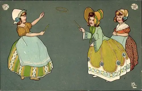 Künstler Ak Mädchen spielen mit Reifen