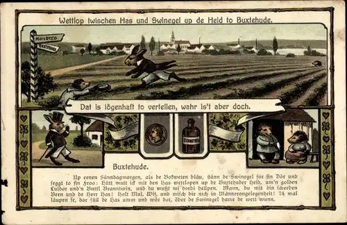 Ak Buxtehude in Niedersachsen, Wettlop twischen Has und Swinegel up de Heid, Hase und Igel