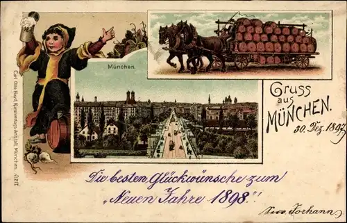 Litho München Bayern, Kindl, Bierkutsche, Stadtansicht