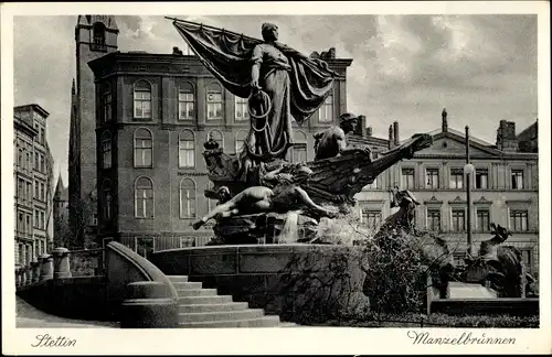 Ak Szczecin Stettin Pommern, Ansicht vom Manzelbrunnen