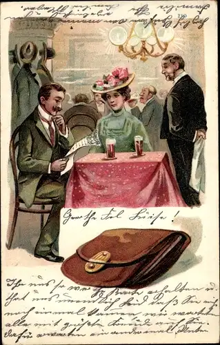 Litho Paar im Restaurant, Kellner, Handtasche