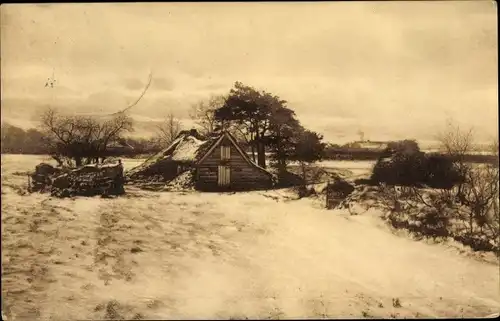 Ak Niederlande, Holzhütte, Winteransicht