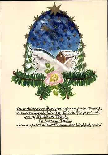 Handgemalt Ak Glückwunsch Weihnachten, Wohnhaus, Sterne, Tannenzweige