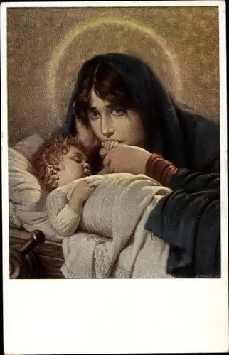 Künstler Ak Kaulbach, Hermann, Frau mit schlafendem Kind